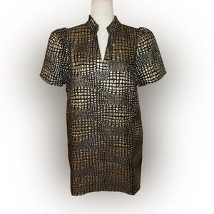 THML Gold Geo Textured Flutter Puff Sleeve Mini Dress with Pockets Size L